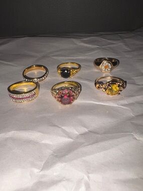 Gold-Tone Multi Gemstone Women's Ring Set - Pink, Yellow, Black, White Accents